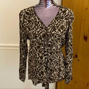 J. Jill Cream & Brown Vine Patterned V Neck Blouse